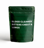 Green packaging with text 'Blood Cleaner Bitters Chest & Lungs' on a white background