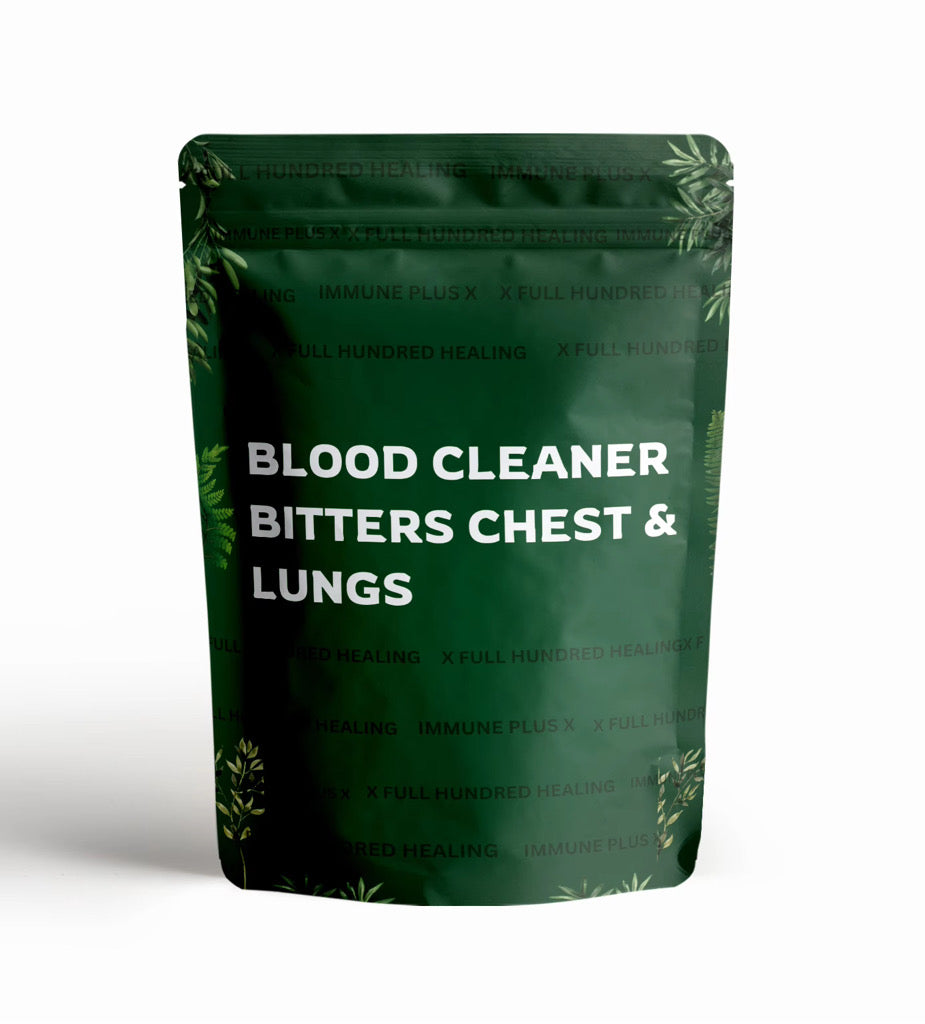 Green packaging with text 'Blood Cleaner Bitters Chest & Lungs' on a white background