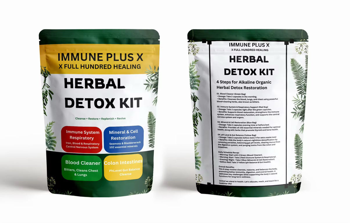 Two containers of Herbal Detox Kit, with one labeled as 'Immune Plus' and the other as 'Herbal Detox'. Both have green and yellow color schemes with text and herbal imagery.