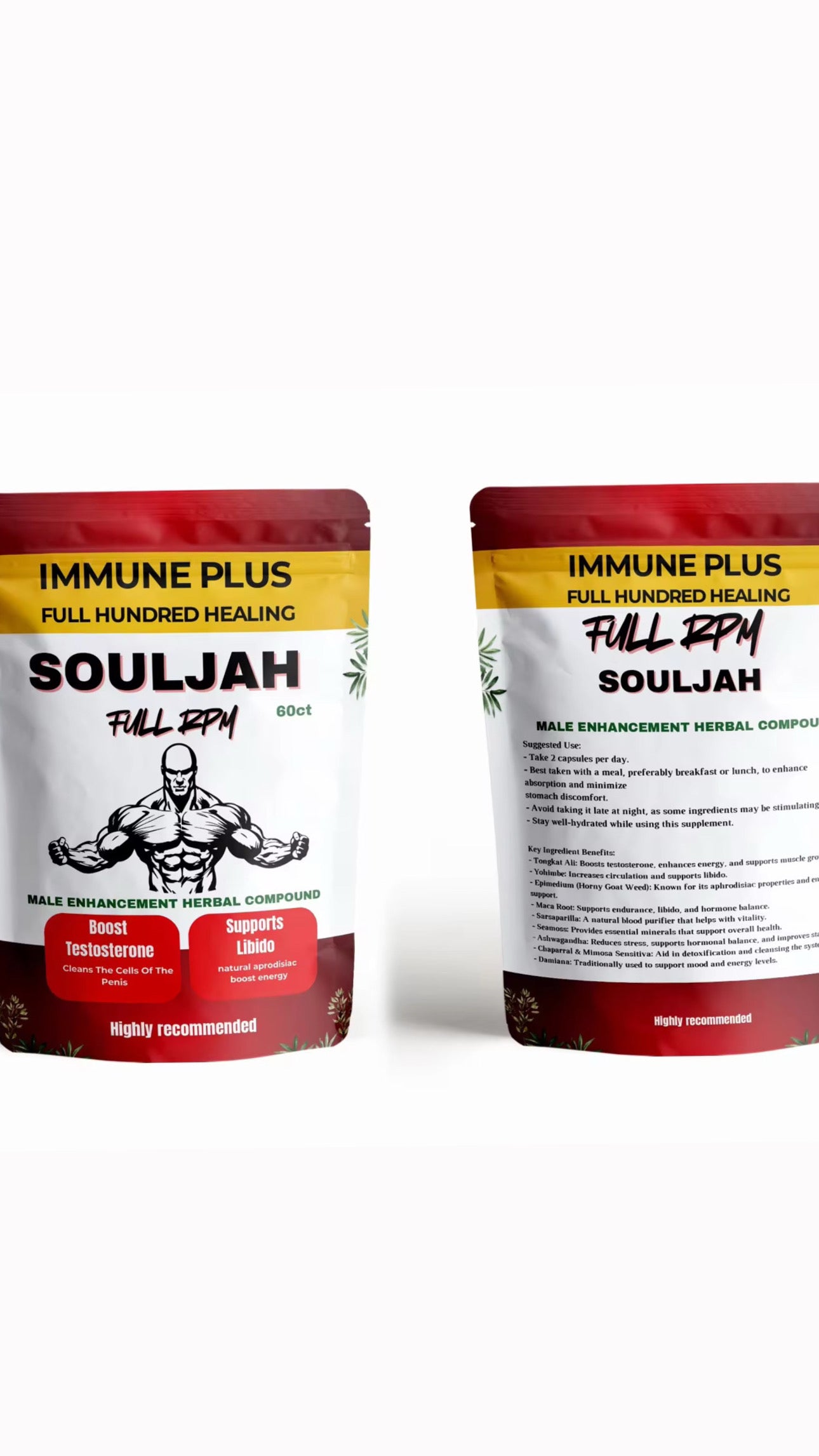 Two pouches of Immune Plus SoulJah Male Enhancement supplement, with the brand logo and product information displayed on the front.