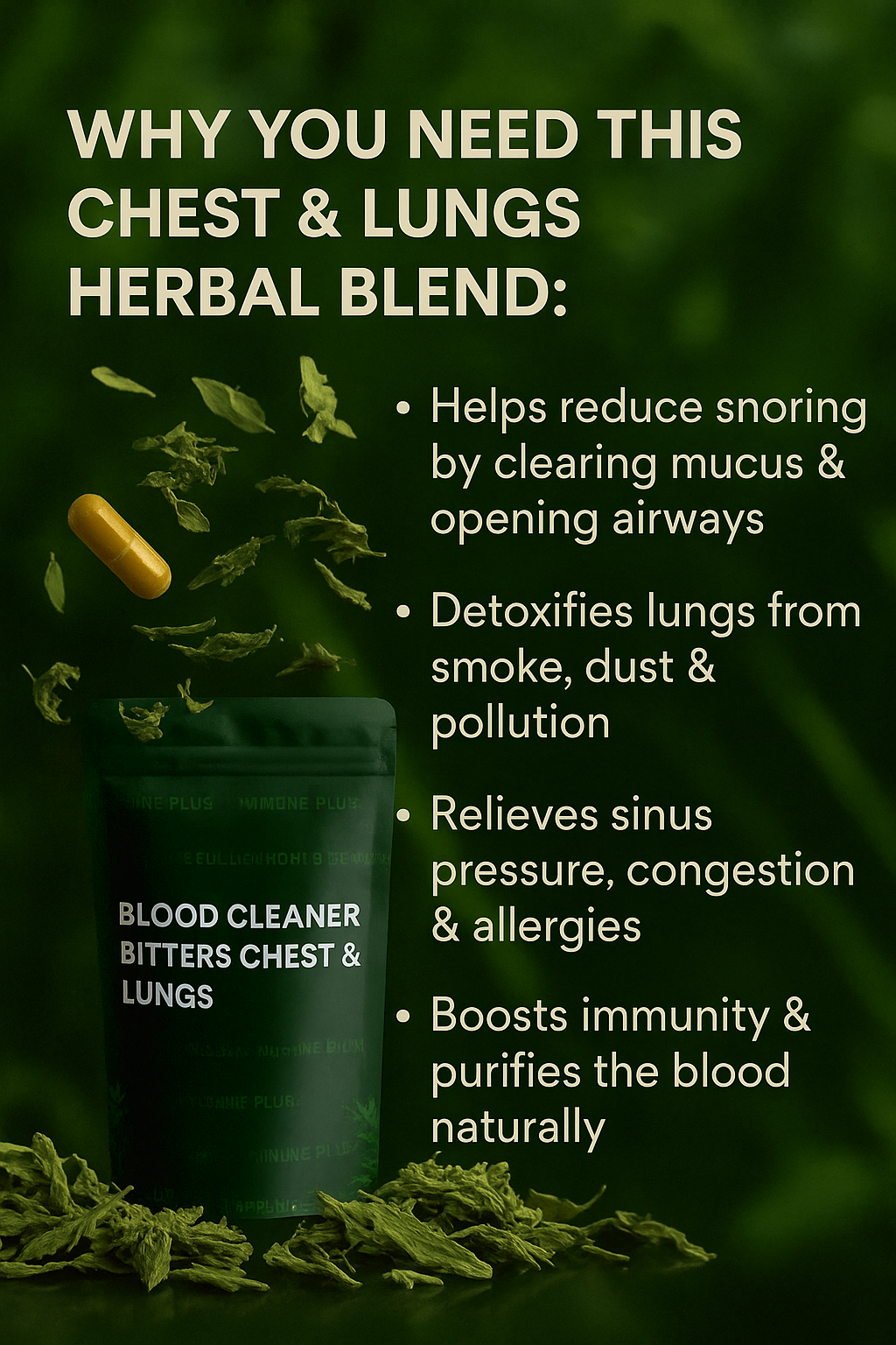 Herbal supplement product with text on benefits on a green background