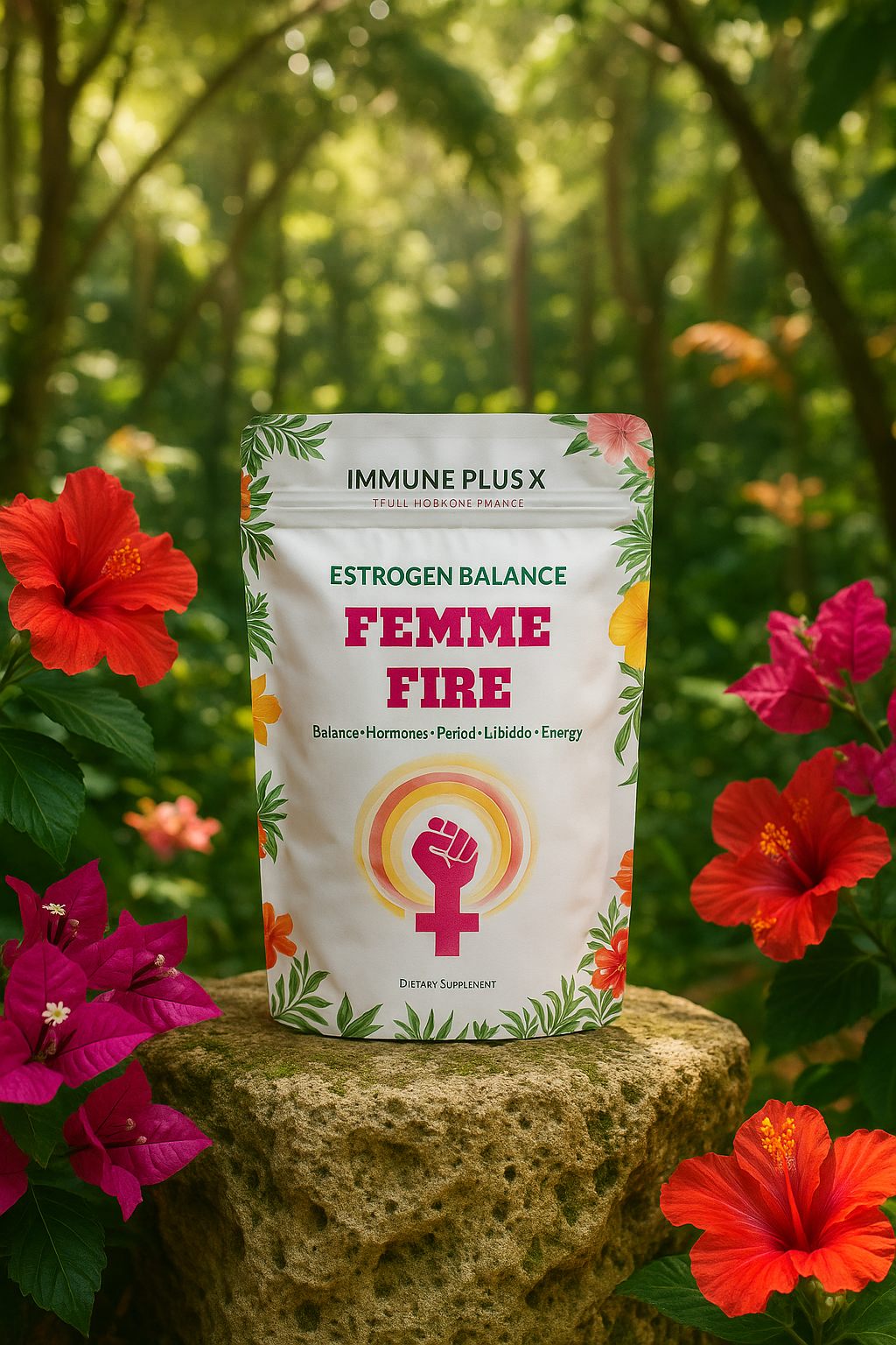 Package labeled 'Immune Plus X' on a stone with flowers in the background