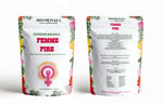 Packaging of 'FEMME FIRE Herbal Female Hormone Balance' with front and back views, featuring floral design and product information.