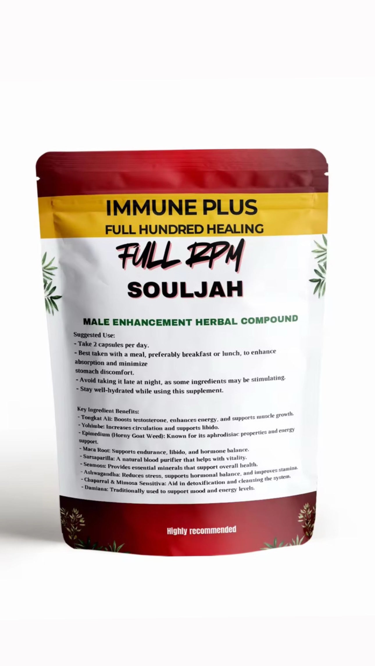 Herbal supplement package with red and yellow label on white background