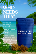 Blue package labeled 'Mineral & Cell Restoration' with tropical background and text listing target groups.