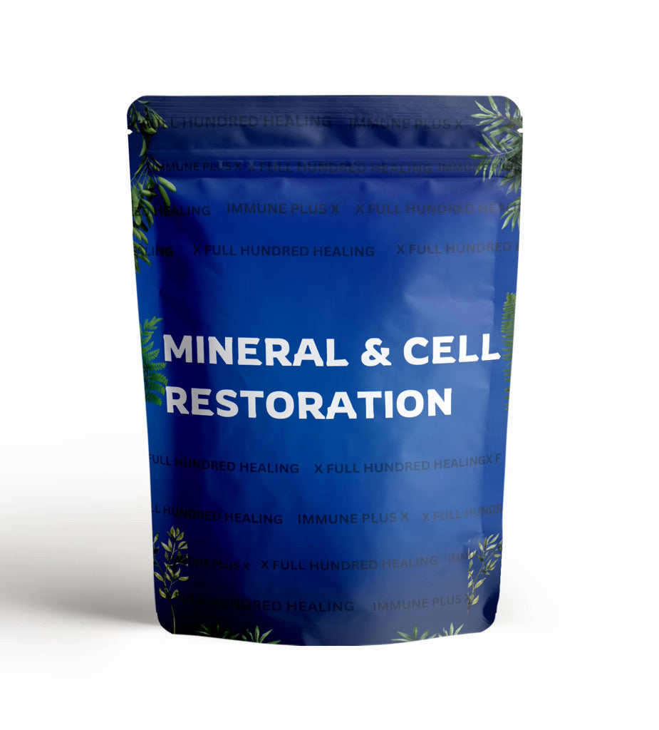 Blue pouch with 'Mineral & Cell Restoration' text on a white background