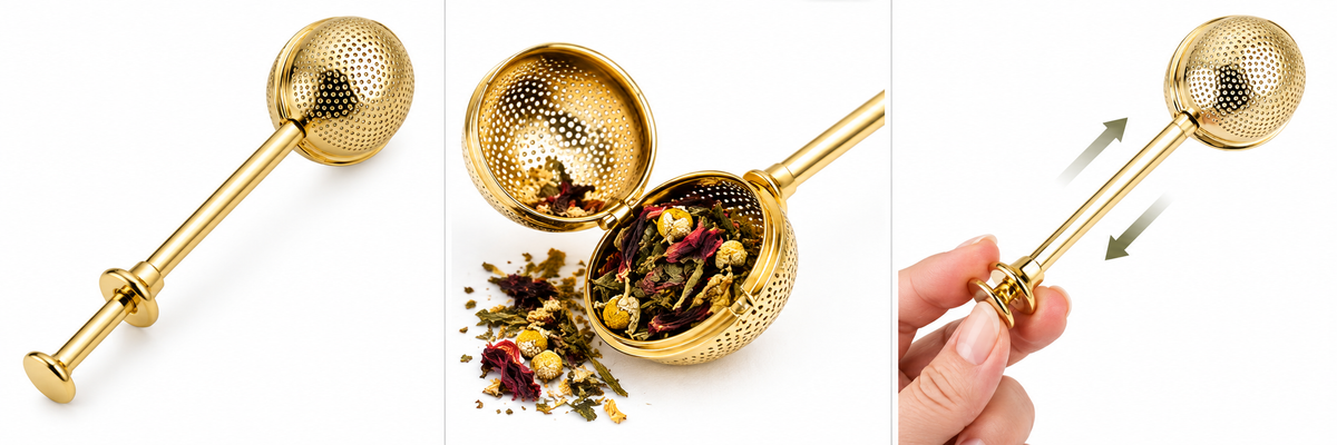 Gold loose-leaf tea infuser shown closed, open with herbs, and in use